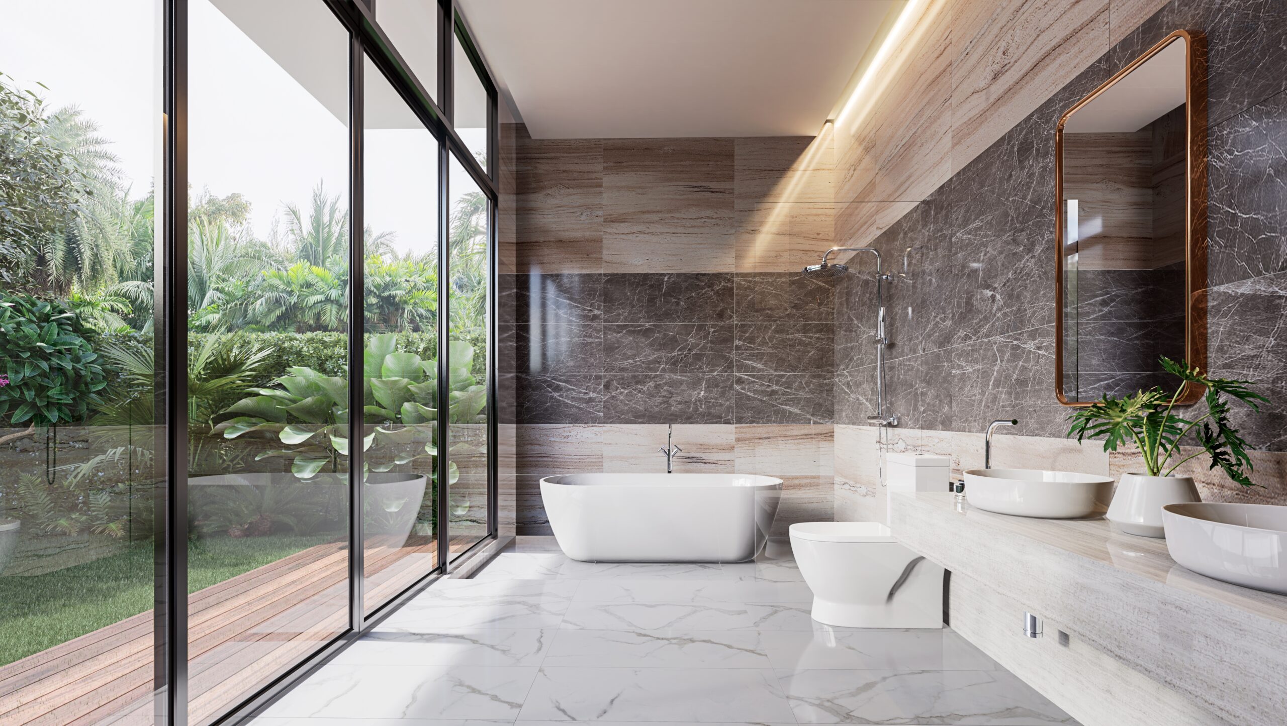Modern,Luxury,Bathroom,With,Tropical,Style,Garden,View,3d,Render,there